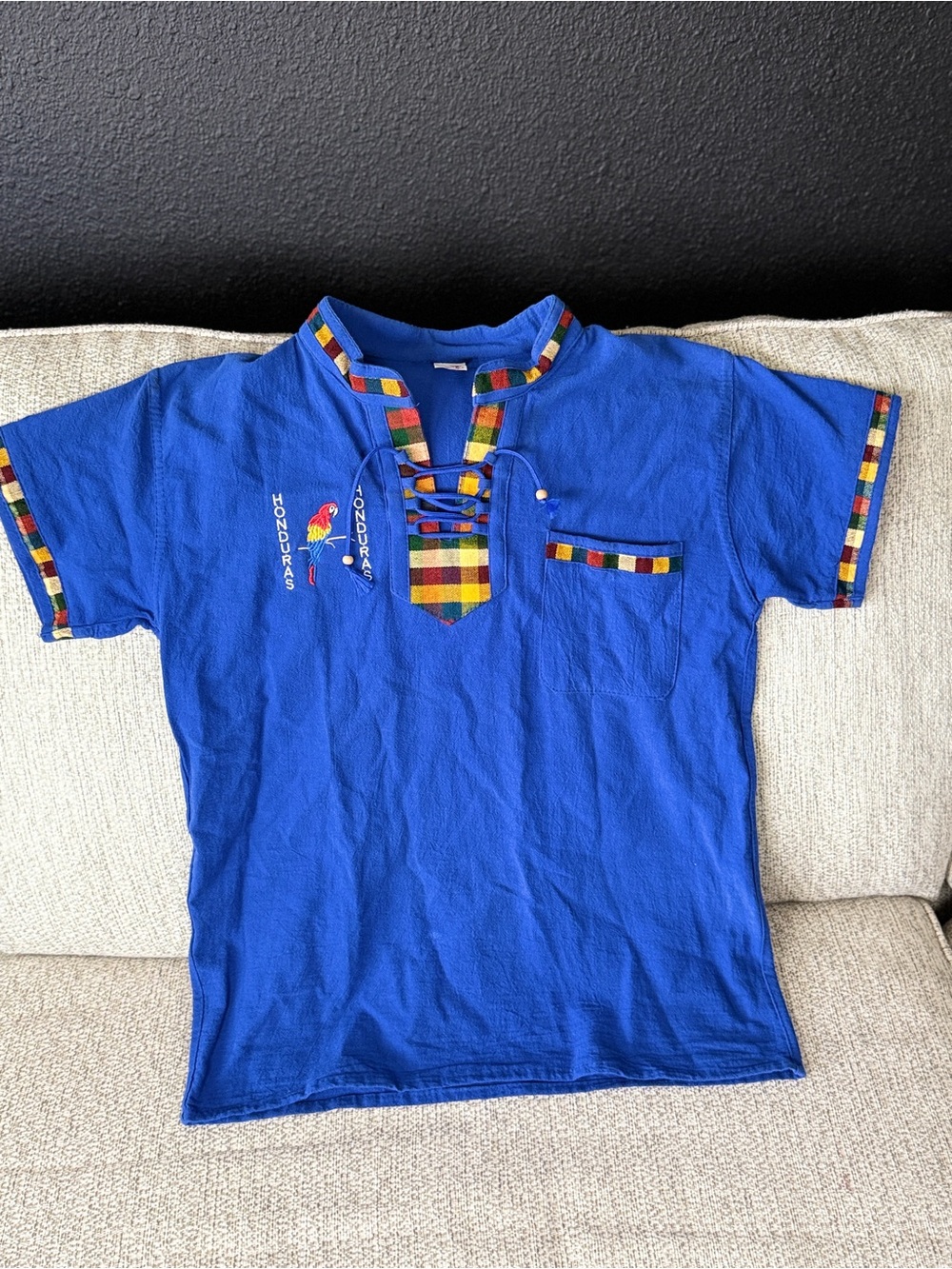 Blue Short-Sleeve Pullover Shirt with Multicolor Trim